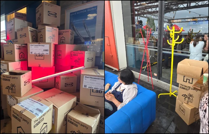 A collage of two images: On the left, stacked cardboard boxes labeled "Kiwi housewarming" and "The beach party" with a glowing red light; on the right, people near a blue couch, boxes, and colorful coat racks in a modern indoor space.