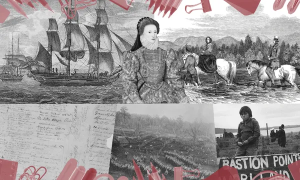 A collage featuring a historic ship, a portrait of a woman in period dress, people on horseback, handwritten documents, a large gathering of people, and a child by a protest sign reading "Bastion Point.