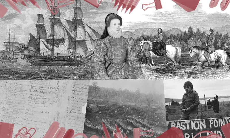 A collage featuring a historic ship, a portrait of a woman in period dress, people on horseback, handwritten documents, a large gathering of people, and a child by a protest sign reading "Bastion Point.
