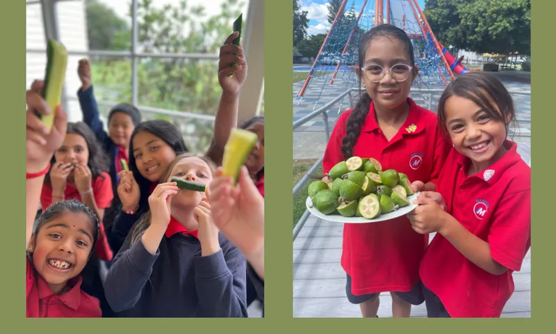 two photos of kids holding feijoas and other vegetables looking happy