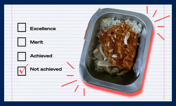 A metal tray with rice and crumbed chicken is highlighted next to a checklist. The box for “Not achieved” is ticked in red, while “Excellence,” “Merit,” and “Achieved” remain unchecked.