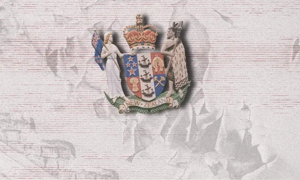 The New Zealand coat of arms is centered on a textured background with faint outlines of sailing ships and historical imagery. Two figures flank the shield, one holding a flag, the other dressed in traditional Māori attire.