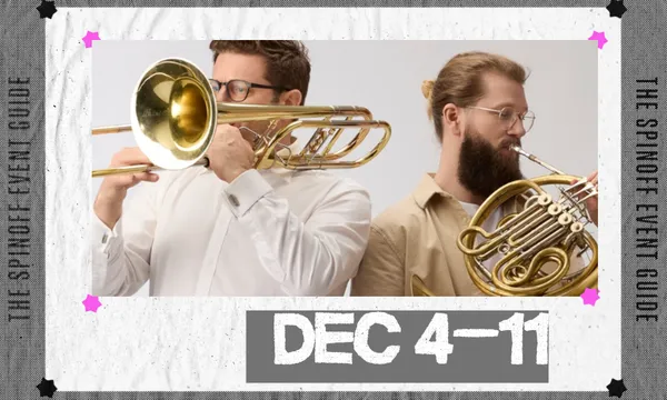 Two man playing brass instruments in a frame that reads "Dec 4-11"