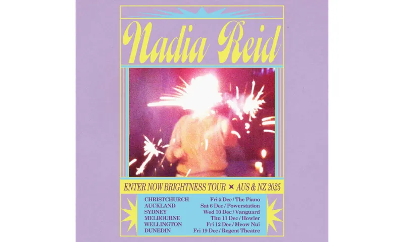 A poster for Nadia Reid's tour which is lilac with yellow writing and a photo of the musician in the middle.