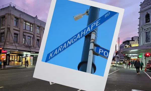 A tilted photo frame shows a close-up of a street sign reading "KARANGAHAPE RD" against a blue sky, overlaid on a busy city street intersection at dusk with people walking and shops lit up.