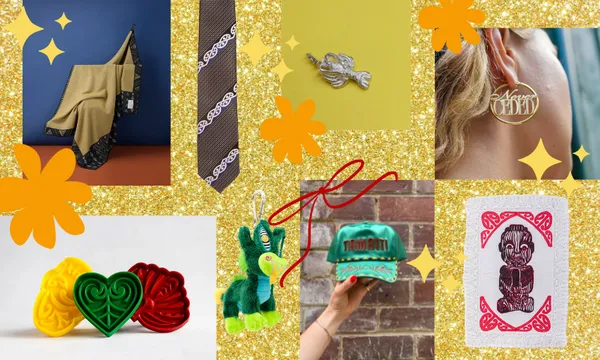 A collage featuring a blanket on a chair, a feather pin, gold hoop earrings reading "MĀORI," colorful 3D heart shapes, a green dragon keychain, a green "TAMARIKI" cap, and red and white cards, set on a glittery gold background with orange flowers.
