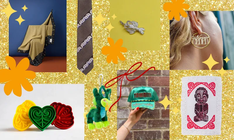 A collage featuring a blanket on a chair, a feather pin, gold hoop earrings reading "MĀORI," colorful 3D heart shapes, a green dragon keychain, a green "TAMARIKI" cap, and red and white cards, set on a glittery gold background with orange flowers.
