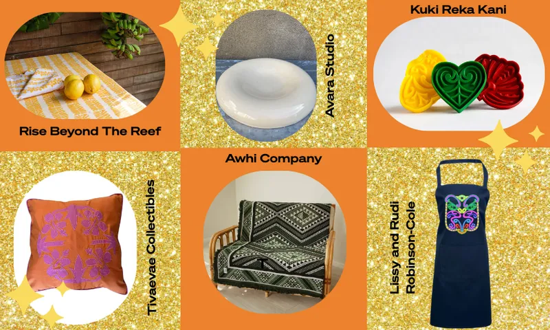A collage of six Pacific artisan products: a woven mat with lemons, a white ceramic dish, three colorful soaps, a brown pillow with purple leaf patterns, a black and white patterned blanket on a bench, and a navy apron with embroidery.