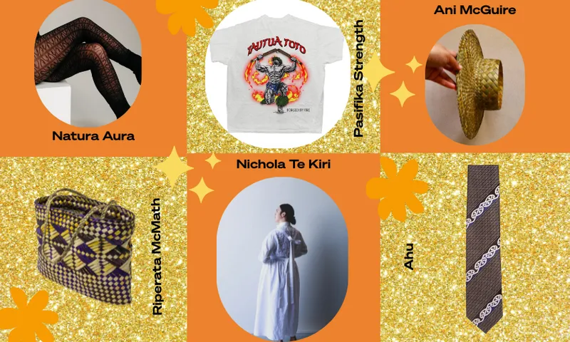 A collage on an orange and gold glitter background showing: legs in patterned tights, a graphic t-shirt, a woven hat, a woven bag, a person in a long dress, a patterned tie, and names of various designers or brands.