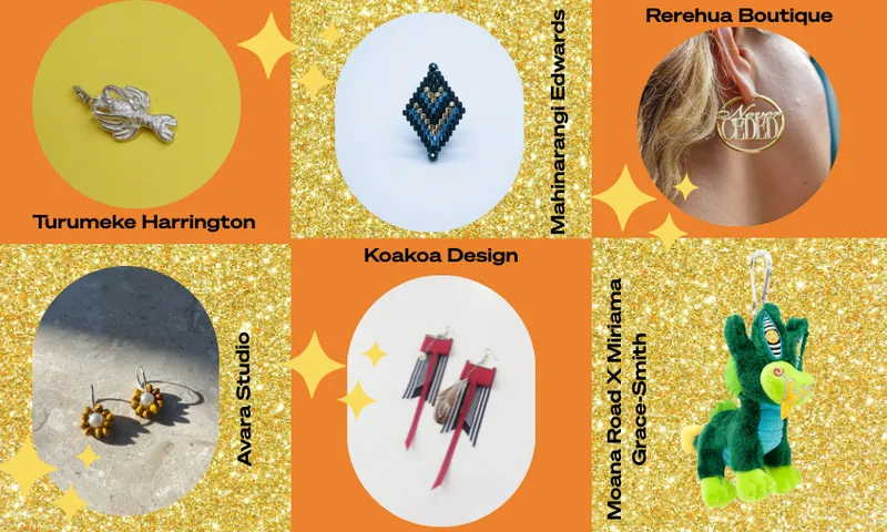 A collage of six jewelry and accessory pieces by different designers, each shown within orange or gold glittery frames. Includes earrings, a plush keychain, and a circular earring with "ReRehua" text. Designers' names are labeled.