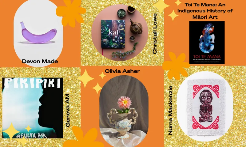 A collage featuring five art pieces with artists' names: a purple glass sculpture by Devon Made, a cookbook by Christsell Lowe, a portrait by Geneva AM, a floral arrangement by Olivia Asher, and Māori art by Numa Mackenzie.