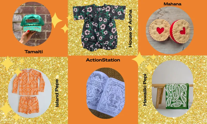 A collage shows six items: a green embroidered cap, a floral shirt, biscuits with red hearts, an orange patterned outfit, coloring pages, and a green and white baby blanket, each labeled with their respective brands on a gold glitter background.