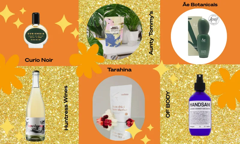A collage featuring six New Zealand brands: Curio Noir perfume, Aunty Tommy’s plant-based product, Āe Botanicals skincare, Huntress Wines bottle, Tarahina product, and OF BODY HANDSAN spray, on an orange and gold floral background.