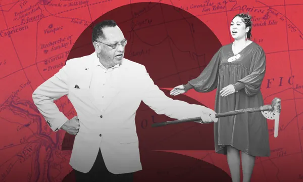 A man in a white suit holding a staff stands beside a woman in a dress, both gesturing with their arms, against a red map background.
