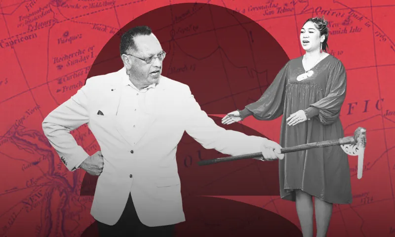 A man in a white suit holding a staff stands beside a woman in a dress, both gesturing with their arms, against a red map background.