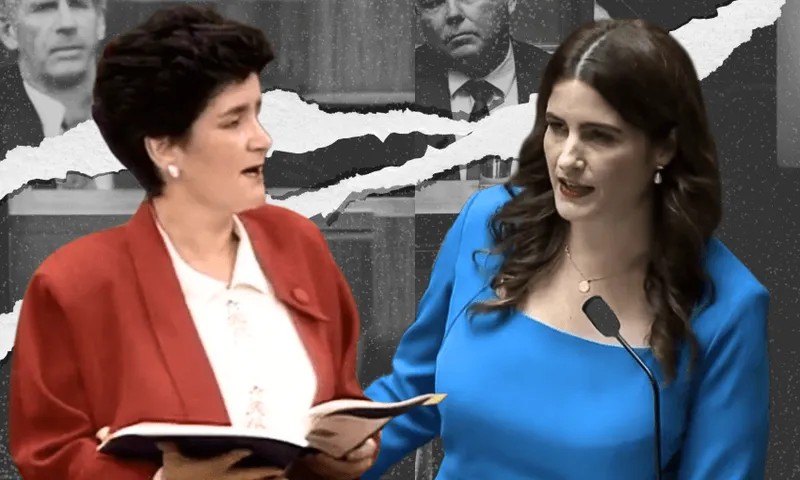 Two women stand next to each other; one wears a red blazer and holds an open book, while the other wears a blue dress and speaks at a podium. The background features ripped paper effects and grayscale faces.