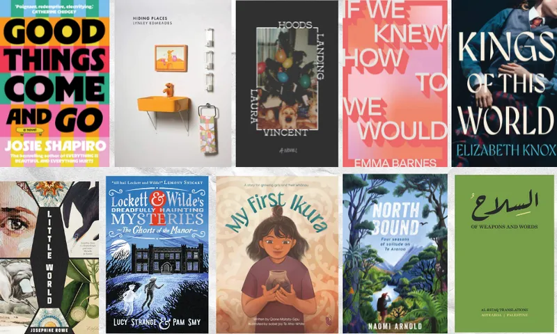 Two rows of book covers, ten in total, with crinkled paper in the background.