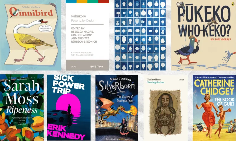 Two rows of book covers, nine in all, with crinkled paper behind them.