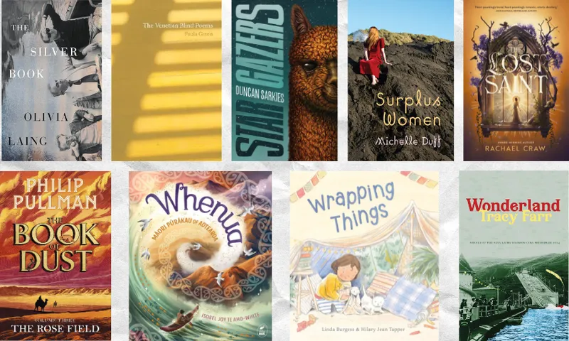 Two rows of book covers, nine in total, with crinkly paper behind them.