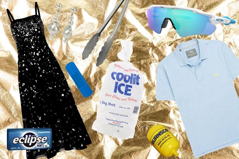 Trelise Cooper dress $799; Eclipse mints, $4.50, from The Warehouse; Coolit Party Ice, $4.50, from Woolworths; Meadowlark Earrings $659; Cuisipro tongues, $24.99, from Millies; Oakley sunglasses $363 from Sunglass Hut; Rodd & Gunn polo $79; Burnsco floating key ring $3.99