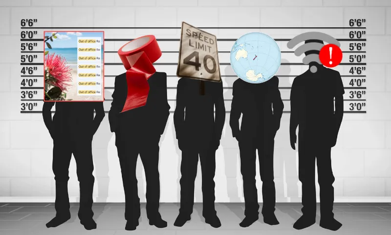 Five silhouetted figures stand in a police lineup. Each head is replaced with an internet-related icon, including file error messages, a red tape, a speed limit sign, a globe, and a Wi-Fi error symbol.