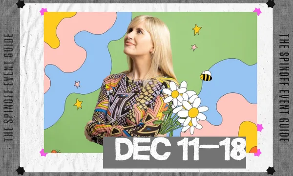 A photo of artist Ruby Jones who has blonde hair and is holding daisies inside a frame with the dates Dec 11 - 18.