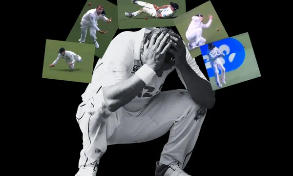 A cricketer sits with his head in his hands, looking distressed. Above him are images of multiple cricket players dropping catches, symbolizing disappointment and frustration.