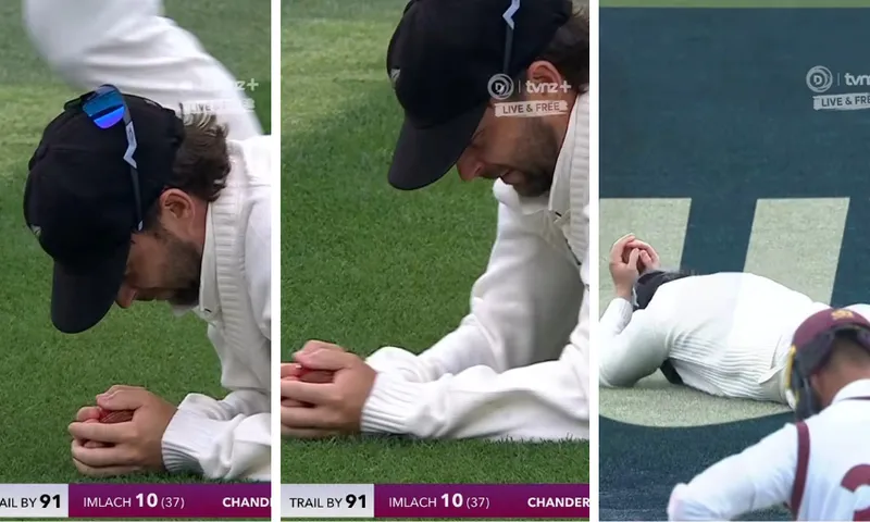 A cricketer in a white uniform and black cap catches a red ball close to the ground, then lies flat on the grass, holding the ball and appearing relieved or emotional. Score graphics are visible at the bottom.