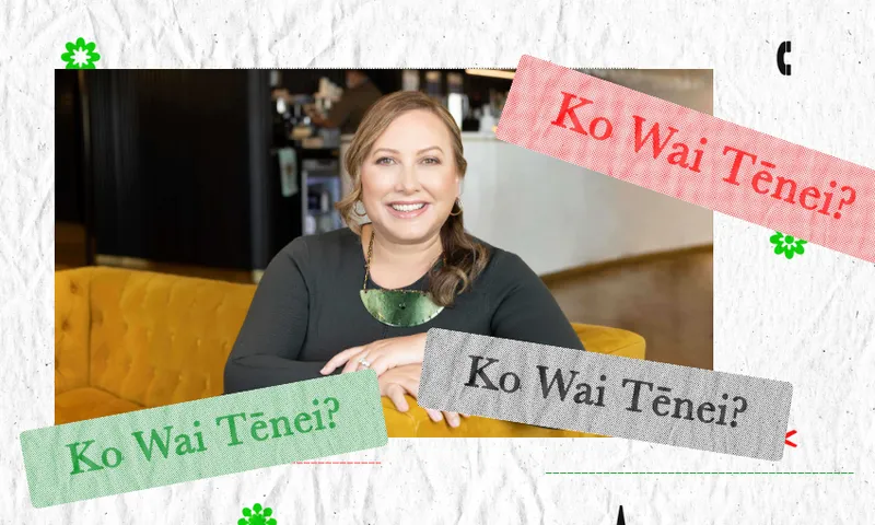 A woman with light brown hair smiles while sitting on a yellow couch. Around her are three text boxes saying "Ko Wai Tēnei?" in green, red, and grey, on a white textured background.
