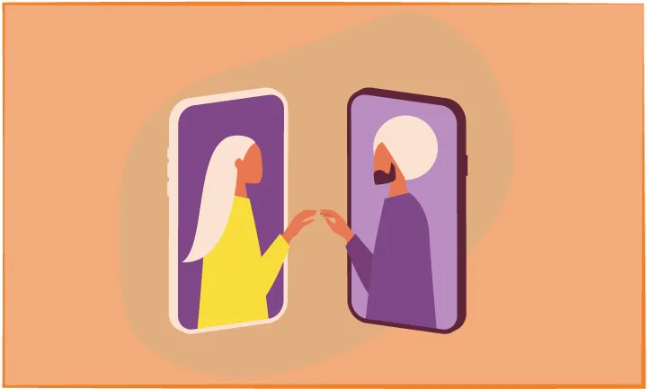 two people reaching for each other through phone screens. one is wearing a turban