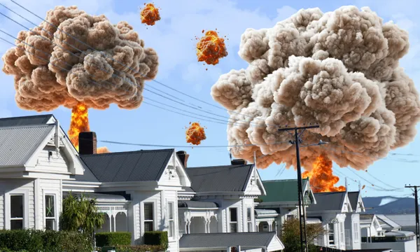 Large mushroom clouds and explosions rise behind a row of white houses in a residential neighborhood, suggesting a dramatic or catastrophic event with clear skies overhead.