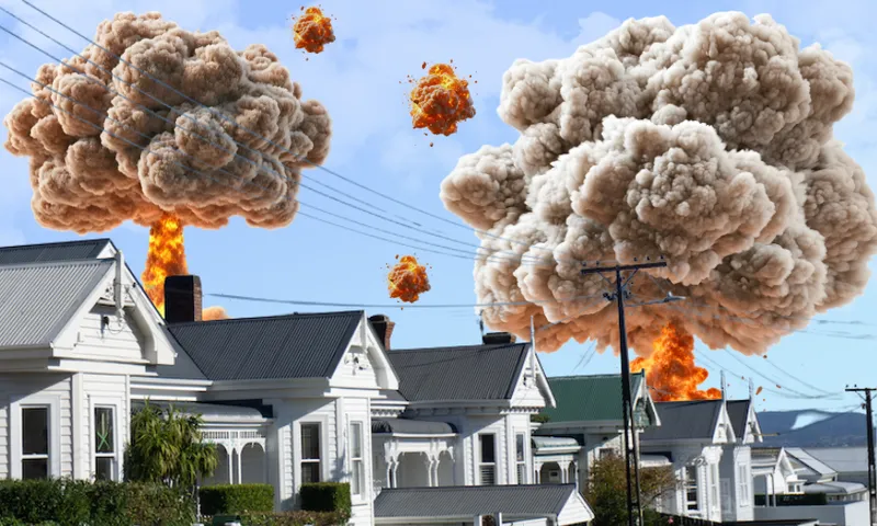 Large mushroom clouds and explosions rise behind a row of white houses in a residential neighborhood, suggesting a dramatic or catastrophic event with clear skies overhead.