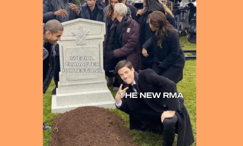 A man labeled "THE NEW RMA" poses and makes a peace sign in front of a gravestone labeled "SPECIAL CHARACTER PROTECTIONS," while others stand around the grave.