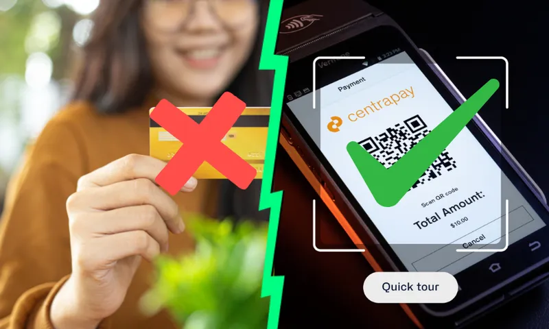 a split screen; a red x over a soman holding a card and a checkmark over a pament made on a QR code