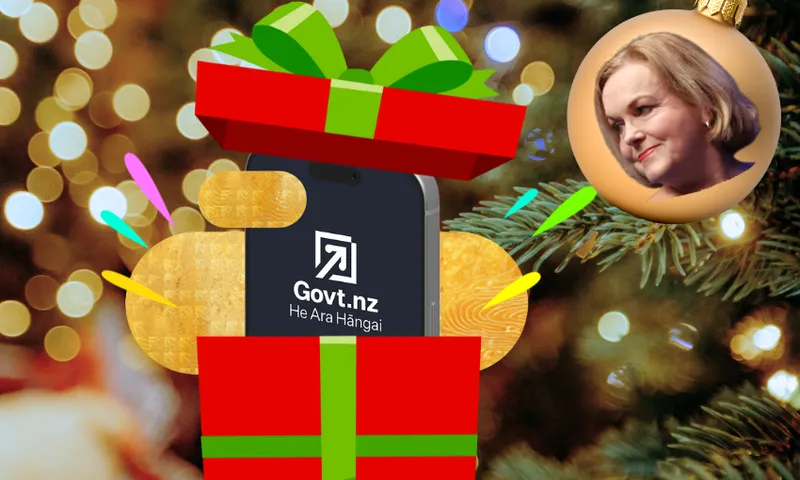 A smartphone displaying the Govt.nz website emerges from a red gift box with a green ribbon, set against a festive background with blurred lights, a Christmas tree, and a woman's portrait in a circular frame.