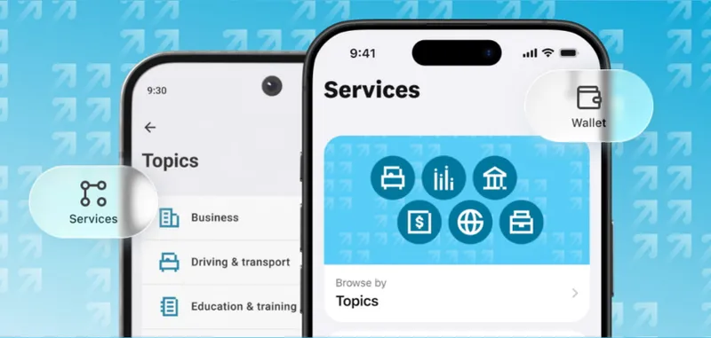 A blue background showing some icons for services and topics available in the app