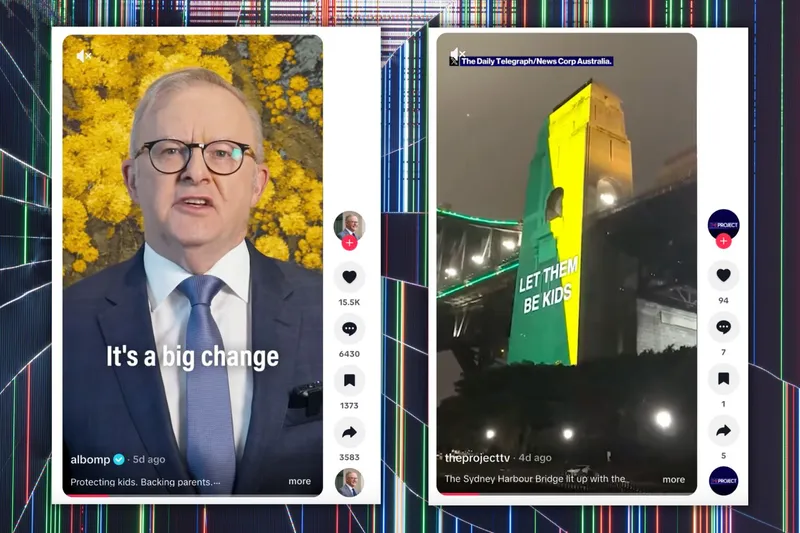 Australian prime minister Anthony Albanese announcing the ban, and the Sydney Harbour Bridge lit up in yellow and gold with "let them be kids"