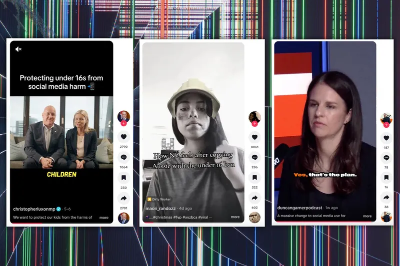 TikToks from Christopher Luxon, content creator @maori_randozz and Duncan Garner about a potential social media ban for teenagers in New Zealanders