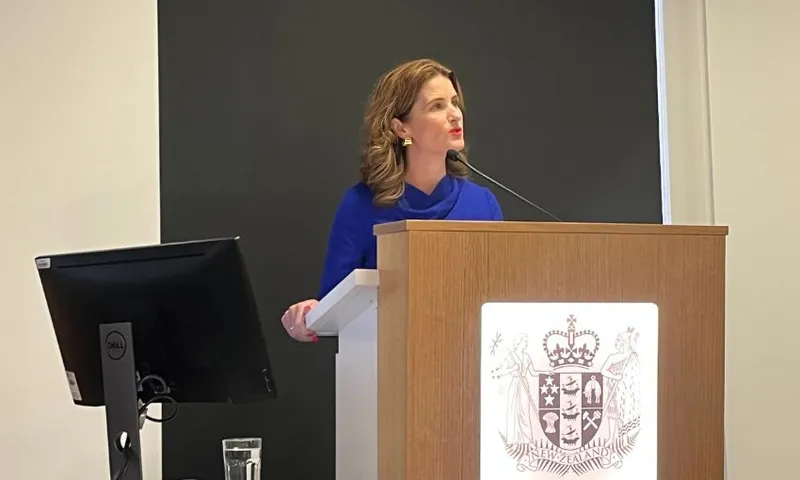 Nicola Willis stands in front of a podium, speaking.