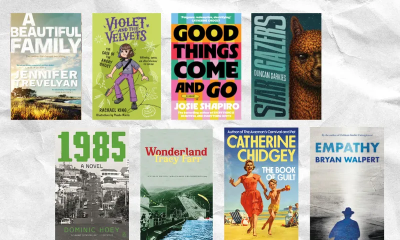 Eight books arranged in two rows.