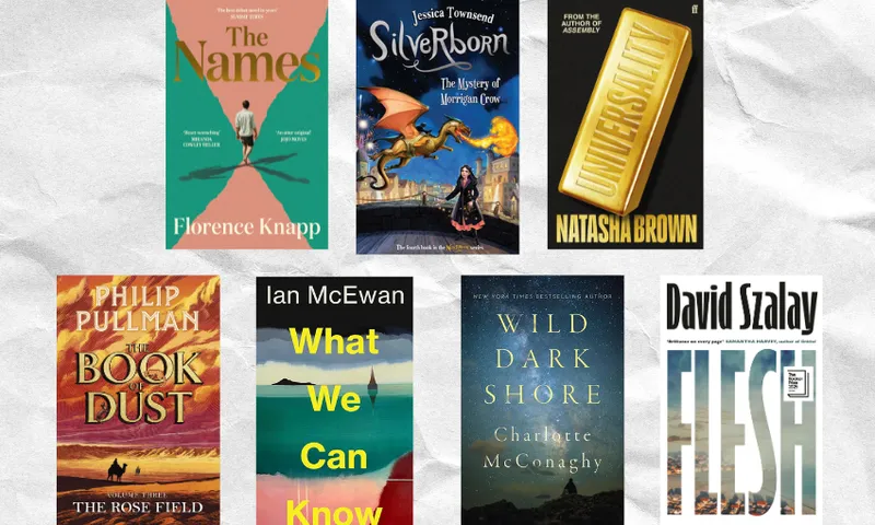 Seven book covers arranged in two rows with three up top and four down below.