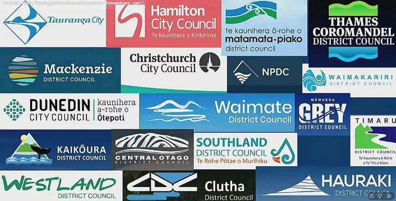 A collage of New Zealand council logos, each with unique designs featuring text, stylized landscapes, waves, and local Māori names, representing various districts and city councils.
