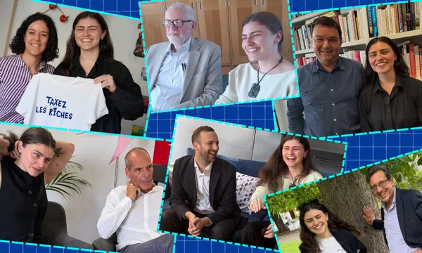 A collage of people smiling and talking in pairs or small groups, with one woman holding a T-shirt that says "TAXEZ LES RICHES." Most images show professional or casual discussions in various indoor and outdoor settings.