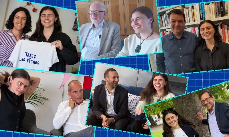 A collage of people smiling and talking in pairs or small groups, with one woman holding a T-shirt that says "TAXEZ LES RICHES." Most images show professional or casual discussions in various indoor and outdoor settings.