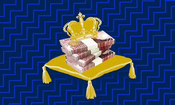 Three stacks of 1000-unit banknotes sit on a golden, tasseled cushion, topped with a gold crown. The background features a blue zigzag pattern.