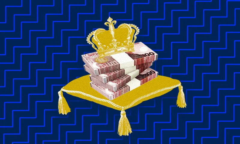 Three stacks of 1000-unit banknotes sit on a golden, tasseled cushion, topped with a gold crown. The background features a blue zigzag pattern.