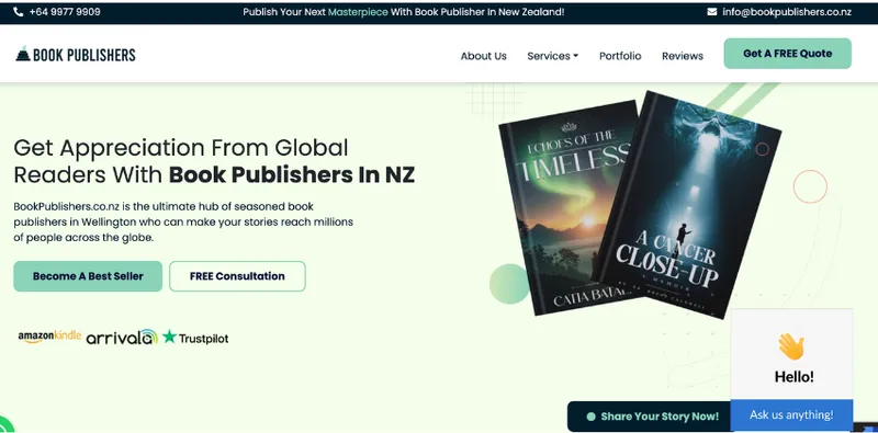 A screenshot of the bookpublishers.co.nz website showing two covers and text about getting published.