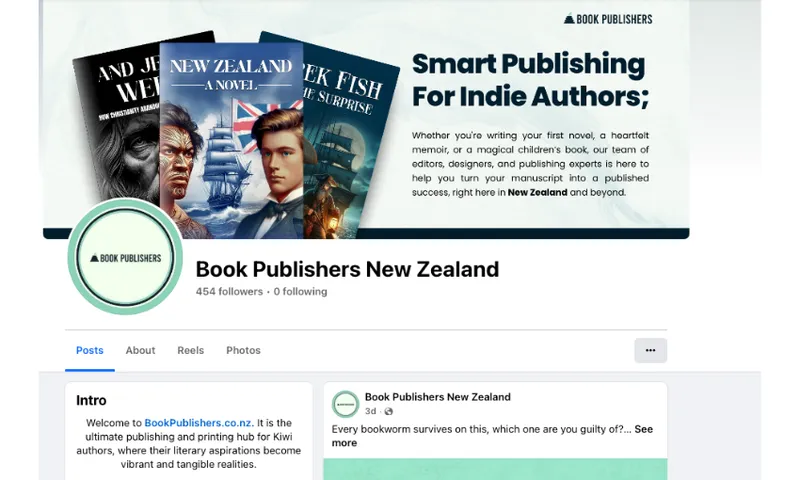 A screenshot of the Facebook page for Book Publishers New Zealand. It shoes book covers and text about it being a smart publishing choice for indie authors.