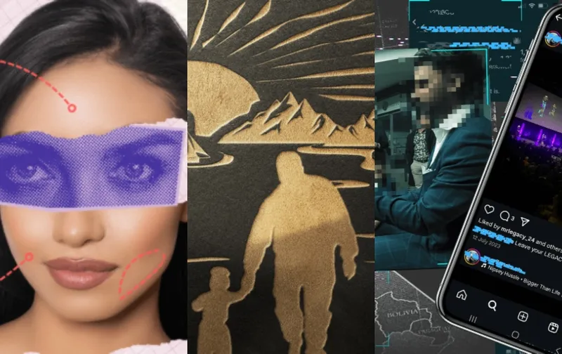 A collage featuring a woman with digital graphics over her eyes, a sand art image of an adult and child holding hands, a blurred photo of a man among people, and a smartphone displaying a social media feed.