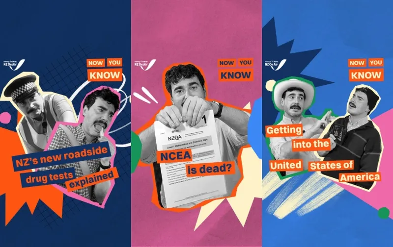 A collage of three panels featuring a mustachioed man in various poses with text: "NZ’s new roadside drug tests explained," "NCEA is dead?" and "Getting into the United States of America.” Bold colors and graphic designs decorate the background.